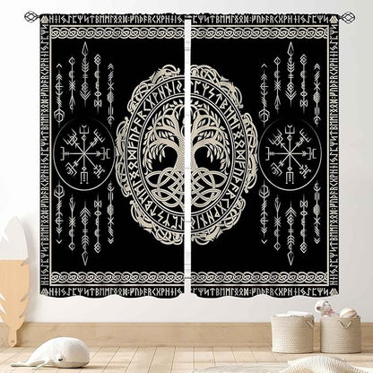 Viking Curtains, Nordic Tree of Life Celtic Rune Scandinavian Gothic Norse Mythology Aesthetic Retro Drapery for Bedroom Living Room Bathroom Window 2 Panel Set, 42"x45" Inch