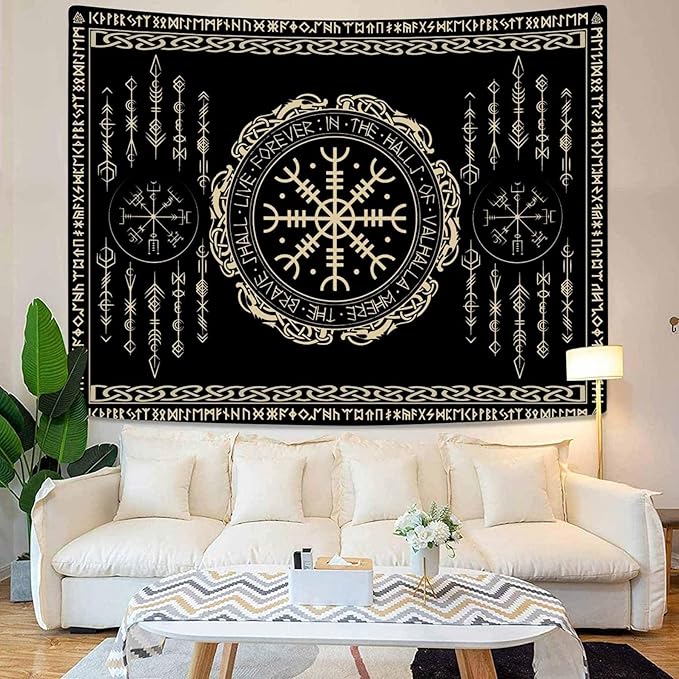OSUNBD Nordic Vikings Tapestry Large 100x90inches Soft Flannel Vegvsir Symbol Amulet Celtic Rune Scandinavian Aesthetic Mythology Tapestry Wall Hanging for Bedroom Living Room Decor