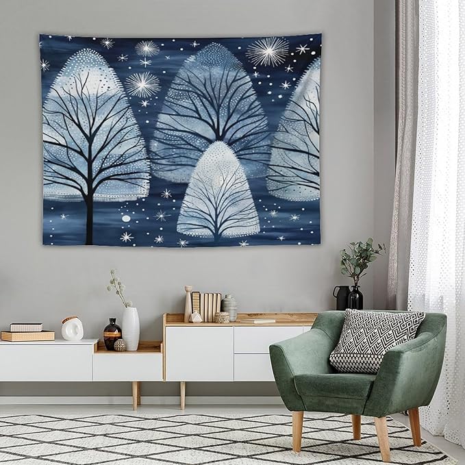 Tapestry Trendy Blue Silver Glitter Tree Christmas Tapestries for Bedroom Aesthetic Christmas Tapestry As Wall Art Wall Hanging for Living Room Dorm Landscape 60"x80" Christmas Family Party