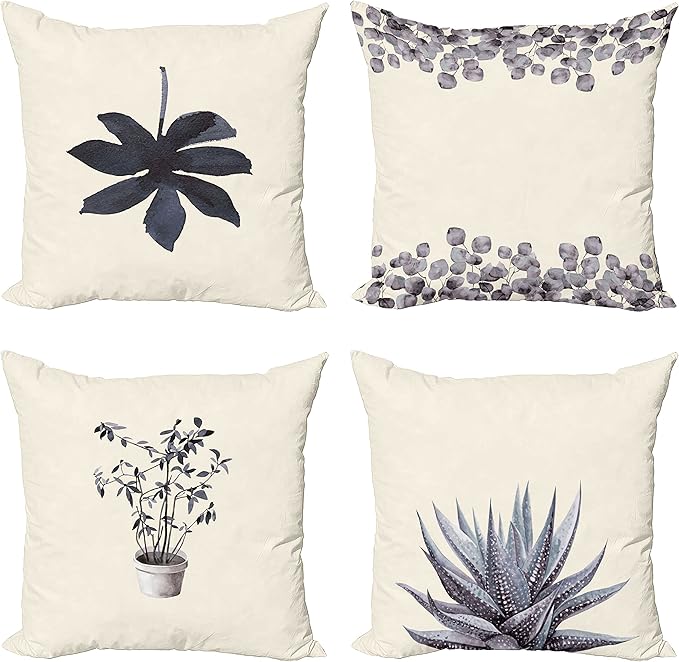 Ambesonne Botanical Throw Pillow Cushion Case Pack of 4, Minimalist Watercolor Painting Leaves Agave Branches Plant in a Pot, Modern Accent Double-Sided Digital Printing, 18", Purpleblue and Dimgray