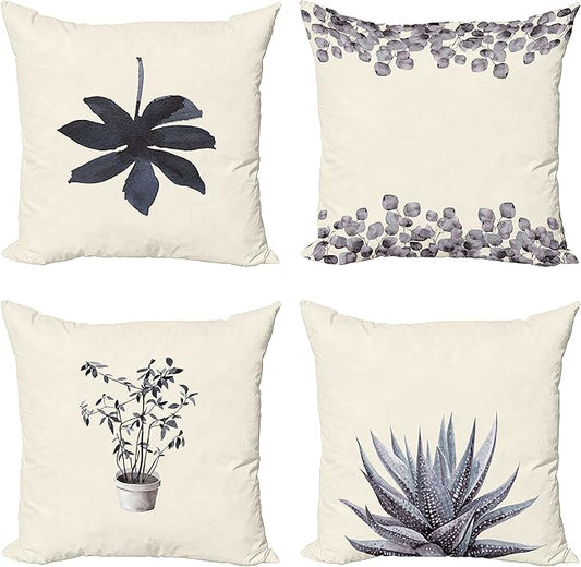 Ambesonne Botanical Throw Pillow Cushion Case Pack of 4, Minimalist Watercolor Painting Leaves Agave Branches Plant in a Pot, Modern Accent Double-Sided Digital Printing, 16", Purpleblue and Dimgray