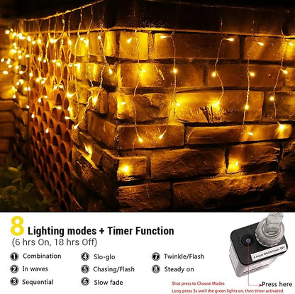 Toodour Christmas Icicle Lights Outdoor, 1224 LED 100ft 8 Modes Fairy Icicle String Light with 204 Drops, Led Christmas Lights Twinkle for Holiday, Party, Wedding, Eaves, Xmas Decorations (Warm White)