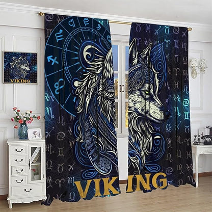 Viking Wolf Curtains Blue Rune Nordic Gothic Animal Curtains Dark Ancient Totem Mythological Pattern Printed Curtains Boys Bedroom Living Room Decoration Blackout Curtains W63 * L72 Inch