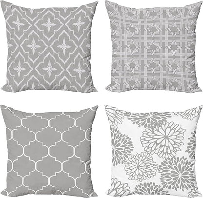 Ambesonne Vintage Throw Pillow Cushion Case Pack of 4, Monochrome Design Grid Trellis Quatrefoil Mesh and Dahlia Flowers Modern Print, Modern Accent Double-Sided Digital Printing, 20", Grey White