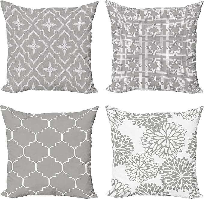 Ambesonne Vintage Throw Pillow Cushion Case Pack of 4, Monochrome Design Grid Trellis Quatrefoil Mesh and Dahlia Flowers Modern Print, Modern Accent Double-Sided Digital Printing, 24", Grey White