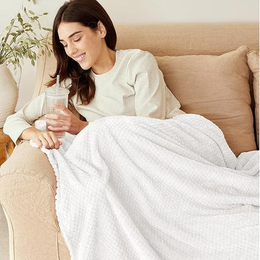 Exclusivo Mezcla Fleece Throw Blanket Extra Large, Super Soft and Warm Blankets for Couch, Sofa and Bed Waffle Textured, Cozy, Fuzzy and Lightweight (Off White, 50x70 Inches)