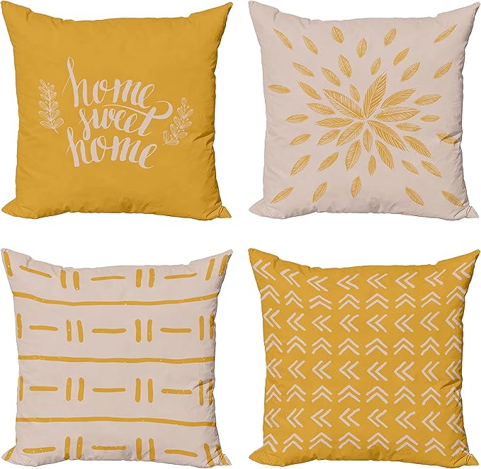 Ambesonne Modern Throw Pillow Cushion Case Pack of 4, Scandinavian Minimal Ornaments Boho Feather Leaves and Home Phrase, Modern Accent Double-Sided Digital Printing, 20", Pale Tan and Earth Yellow