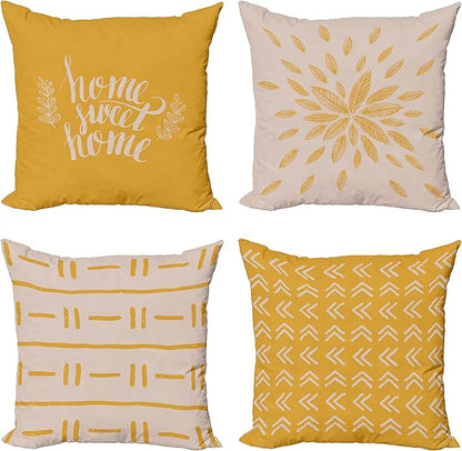 Ambesonne Modern Throw Pillow Cushion Case Pack of 4, Scandinavian Minimal Ornaments Boho Feather Leaves and Home Phrase, Modern Accent Double-Sided Digital Printing, 20", Pale Tan and Earth Yellow