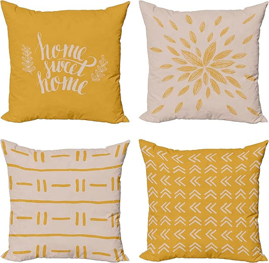 Ambesonne Modern Throw Pillow Cushion Case Pack of 4, Scandinavian Minimal Ornaments Boho Feather Leaves and Home Phrase, Modern Accent Double-Sided Digital Printing, 24", Pale Tan and Earth Yellow
