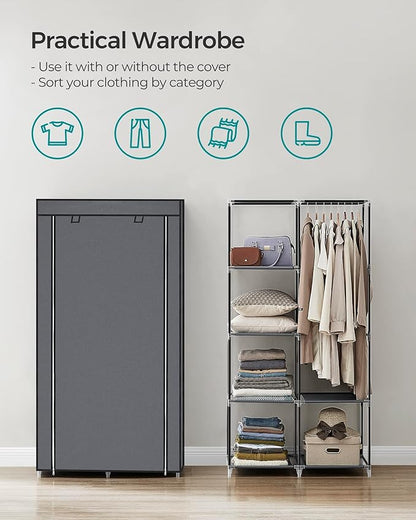 SONGMICS Portable Closet, Clothes Storage Organizer with 6 Shelves, 1 Clothes Hanging Rail, Non-Woven Fabric Closet, Metal Frame, 34.6 x 17.7 x 66.1 Inches, Grey URYG84GY