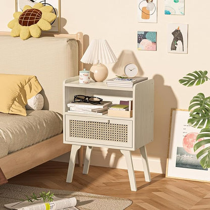 Lerliuo Rattan Nightstands Set of 2, Side Table with Drawer Open Shelf, Cane Accent Bedside End Table, Mid Century Modern Night Stand for Bedroom, Dorm and Small Spaces (Grey White)