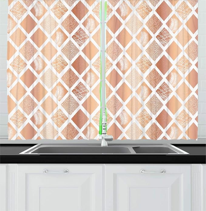 Lunarable Rhombus Print Kitchen Curtains, Monochrome Formation of Ornamental Diamond Shapes Geometric Feels, Window Drapes 2 Panel Set for Kitchen Cafe Decor, 55" X 39", Peach Pale Rust White