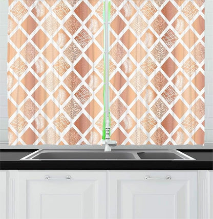 Lunarable Rhombus Print Kitchen Curtains, Monochrome Formation of Ornamental Diamond Shapes Geometric Feels, Window Drapes 2 Panel Set for Kitchen Cafe Decor, 55" X 39", Peach Pale Rust White