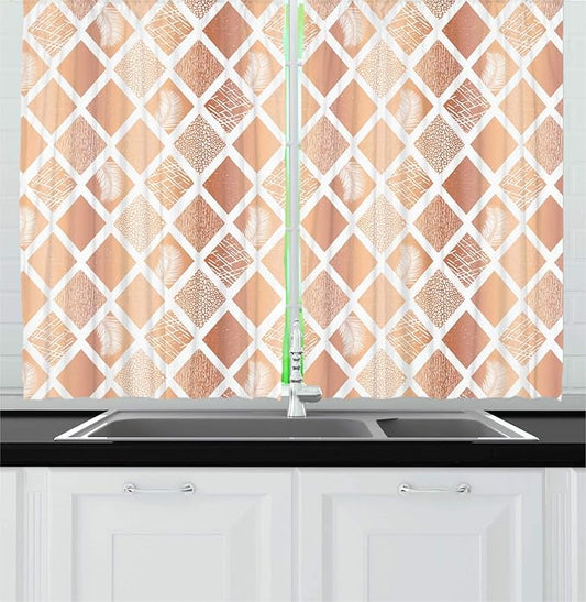 Lunarable Rhombus Print Kitchen Curtains, Monochrome Formation of Ornamental Diamond Shapes Geometric Feels, Window Drapes 2 Panel Set for Kitchen Cafe Decor, 55" X 39", Peach Pale Rust White