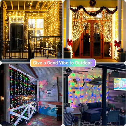 JMEXSUSS 300LED Dual Color Changing Curtain Lights with Remote, 9.8 x 9.8ft Connectable Plug in Christmas String Lights for Bedroom Backdrop Outdoor Decor, Warm White to Multicolor