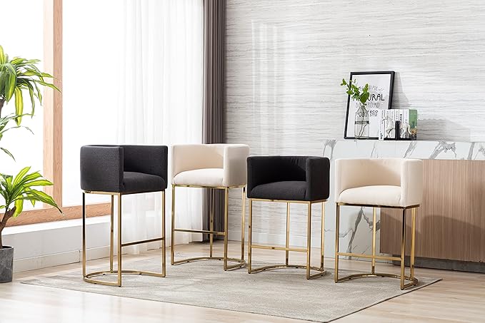 Modern Counter Height Linen Upholstered Bar Stools Set of 2, 32" Kitchen Counter Island Stools Bar Chairs with Gold Metal Frame for Kitchen Island, Cream