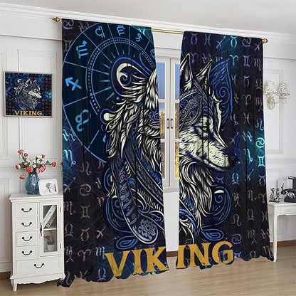 Viking Wolf Curtains Blue Rune Nordic Gothic Animal Curtains Dark Ancient Totem Mythological Pattern Printed Curtains Boys Bedroom Living Room Decoration Blackout Curtains W52 * L84 Inch