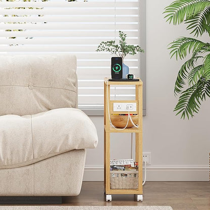 TUTOTAK Small Narrow Side Table with Charging Station, Skinny End Table for Small Spaces, Slim Nightstand with USB Ports and Outlet, Sofa Beside Table with Wheels, Natural TB01BN047