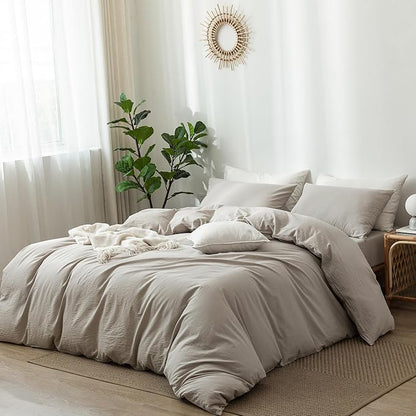 MooMee Bedding Duvet Cover Set 100% Washed Cotton Linen Like Textured Breathable Durable Soft Comfy (Heathered Cream Grey, Super Queen 90"x98")