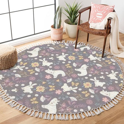 Round Rugs Autumn Forest Cute Bear Rabbit Flowers Butterflies Cartoon Boho Area Rug Linen and Cotton Carpet Meditation Washable Hallway Runner Mat Accent for Bedroom Bathroom 3ft, Multi5