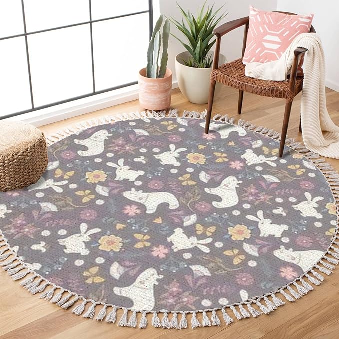 Round Rugs Autumn Forest Cute Bear Rabbit Flowers Butterflies Cartoon Boho Area Rug Linen and Cotton Carpet Meditation Rug Washable Hallway Runner Mat Accent Rug for Bedroom Bathroom 6ft
