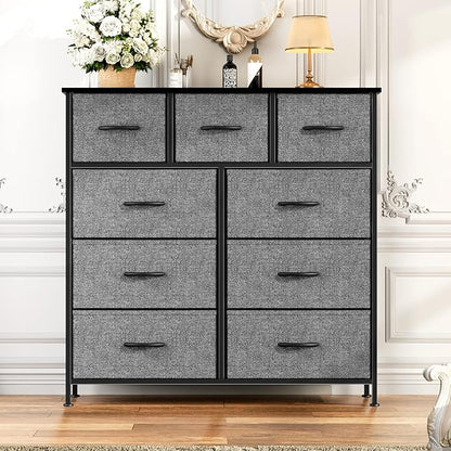 OLIXIS Dresser for Bedroom, 9 Storage Drawers, Wide Fabric Closet Chests Organizer Tower Furniture, TV Stand with Wooden Top Metal Frame for Clothes, Living Room, Hallway, Entryway, Classic Grey