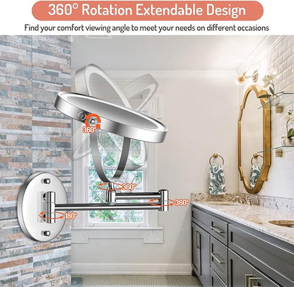 Rocollos Rechargeable Wall Mounted Lighted Makeup Mirror, 8 Inch Double-Sided LED Vanity Mirror 1X/7X Magnification,3 Color Lights Touch Screen Dimmable 360°Swivel 13 Inch Extendable