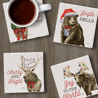 Thirstystone Merry Lodge Creatures 4 Pack Assorted Tumbled Tile Stone Coasters with Protective Cork Backing 4" Square Manufactured in The USA