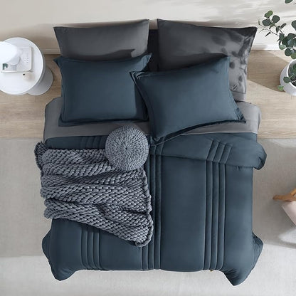 Monbix California King Size Comforter Set - 7 Pieces Bed in a Bag Cal King, Blue Grey Bedding Sets with Comforter, All Seasons Down Alternative Comforter Bed Set with Sheets, Pillowcases & Shams