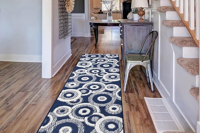 Custom Length Cut to Size Retro Modern Coastal Carpet Runner Rug for Hallways, Non Slip Rubber Backed, 31 inch Wide X Customized Length, Geo Blue, 31 inch X 3 feet, Doormat Size