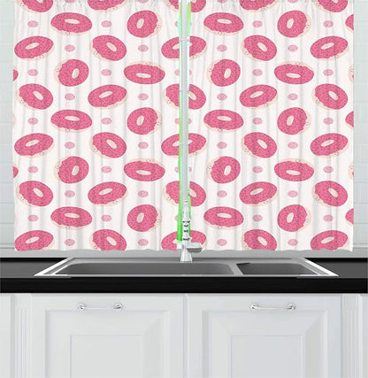 Lunarable Donut Kitchen Curtains, Continuous Kawaii Style Cartoon Smiling Bakery Food Dessert with Sprinkles, Window Drapes 2 Panel Set for Kitchen Cafe Decor, 55" X 39", Pink Pale Eggshell