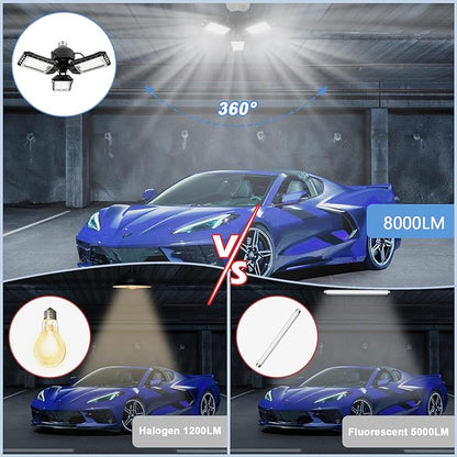 LED Garage Lights - 1 Pack, 80W, 8000LM 6500K Shop Light with 3 Deformable Panels, Basement Barn Light, E26/E27 for Shop, Warehouse, Basement