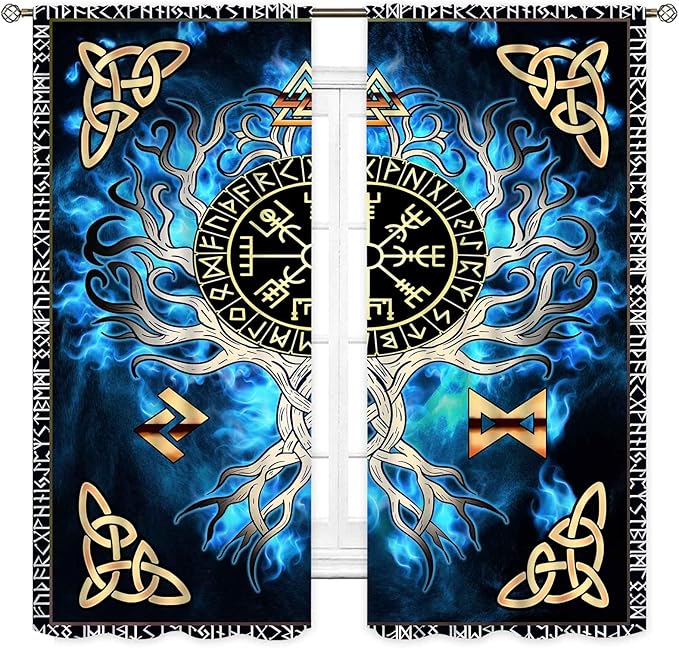 Tree of Life Curtains, Vikings Celtic Nordic Life Tree Scandinavian Aesthetic Mythology Blue Window Drapery Treatments for Bedroom Living Room Bathroom 2 Panels, 55"x63" Inch