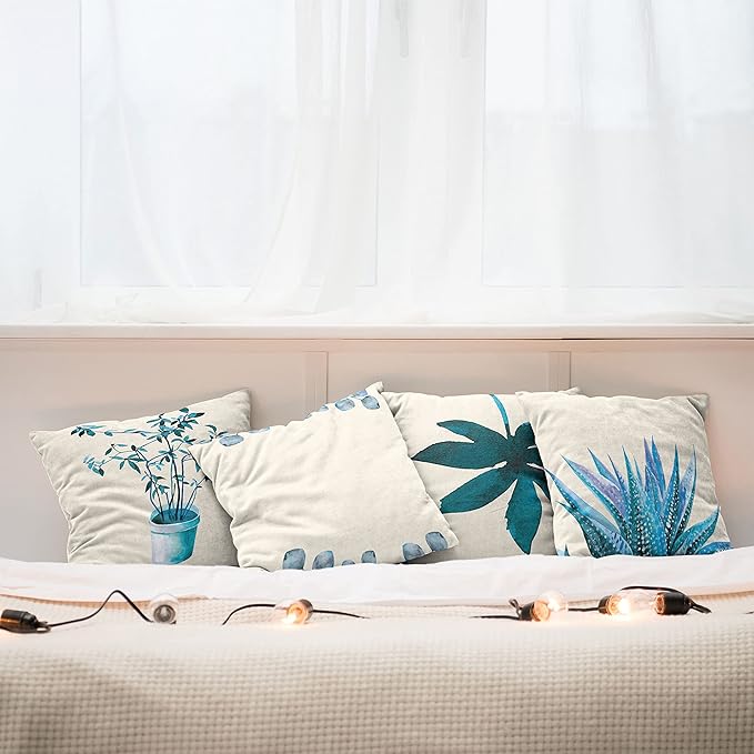 Ambesonne Botanical Throw Pillow Cushion Case Pack of 4, Minimalist Watercolor Painting Leaves Agave Branches Plant in a Pot, Modern Accent Double-Sided Digital Printing, 20", Teal Sea Blue and White