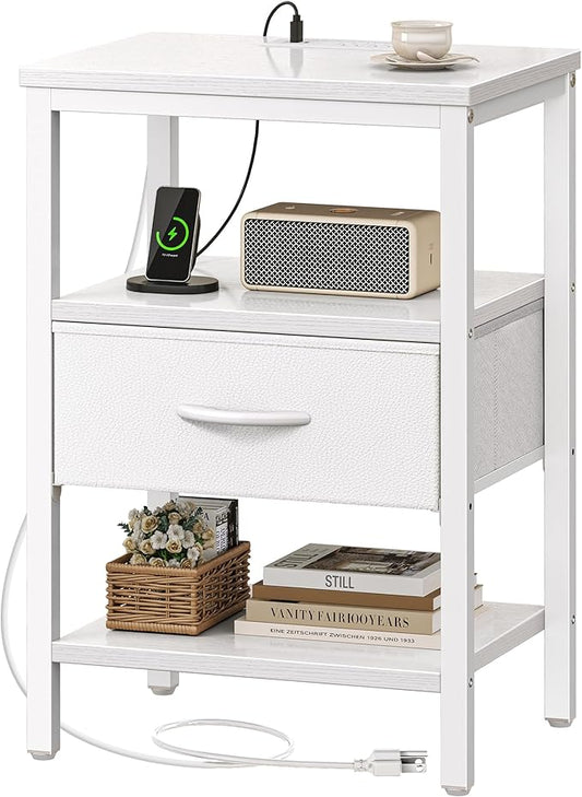 SUPERJARE Nightstand with Charging Station, Bed Side Table with Adjustable Fabric Drawer, Night Stand for Bedroom, 3-Tier Storage End Table, for Living Room, White