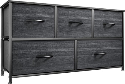 YITAHOME Dresser with 5 Drawers - Fabric Storage Tower, Organizer Unit for Bedroom, Living Room, Closets - Sturdy Steel Frame, Wooden Top (Cool Black Wood Grain)