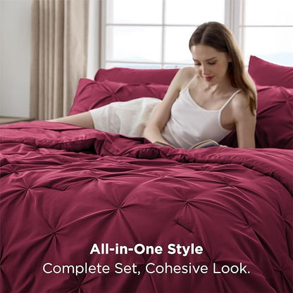 Bedsure Full Comforter Set Dark Red - Bed in a Bag Full Size Bedding Set 7 Pieces, GentleSoft™ Pintuck Bed Set Gift for Family, Pinch Pleat All Season Comforter with Sheets, Pillowcases & Shams