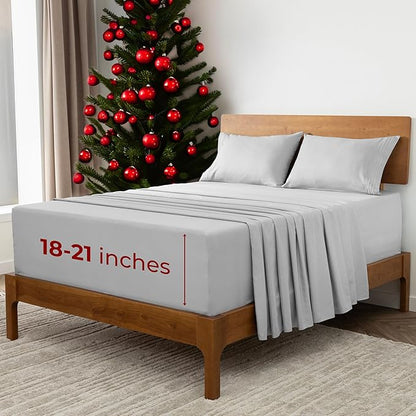 Mellanni Extra Deep Split King Sheets - 5 PC Iconic Collection Bedding - Hotel Luxury, Ultra Soft, Cooling Bed Sheets - Wrinkle, Fade, Stain Resistant (Split King, Light Gray)