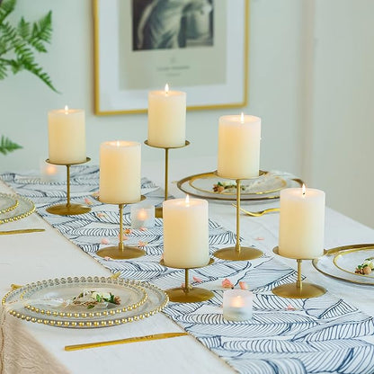 Pillar Candle Holders Candelabra Gold - Set of 12 Bulk Candle Stand Iron Plate Minimalism Modern Home Mantel Dinning Table Decorations Centerpiece for Wedding, Party, Housewarming, Events