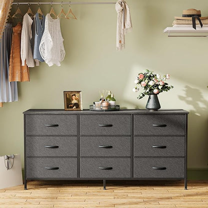 Huuger 9 Drawer Dresser, 47 Inch Dresser TV Stand for 50, 55 Inch TV, Entertainment Center with Drawers, Fabric Chest of Drawer for Bedroom, Closet, Black