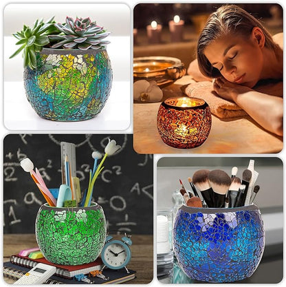 Rancco Glass Votive Candle Holder for Tealight, 6 Set Romantic Stained Mosaic Tealight Candle Holders, Handmade Cracked Aromatherapy Candle Lamp for Valentine, Party, Christmas Table Centerpiece Decor