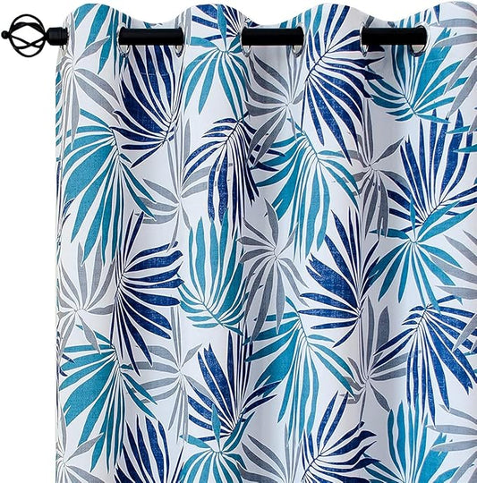 Linentalks Blue Leaf Curtains for Bedroom, Blue Gray Patterned Blackout Curtains 63 Inch Length 2 Panels Set, Light Blocking Room Darkening Curtains Grommet Thermal Insulating Navy Black Out Drapes
