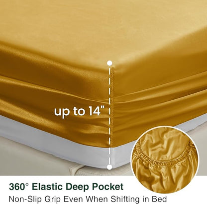 Love's cabin Twin Satin Sheets Sets - 3 Piece Gold Silky Bed Sheets with Deep Pockets, Luxury Silk Feel Satin Twin Size Sheet Set Bedding Set (1 Flat Sheet,1 Fitted Sheet,1 Pillow case)