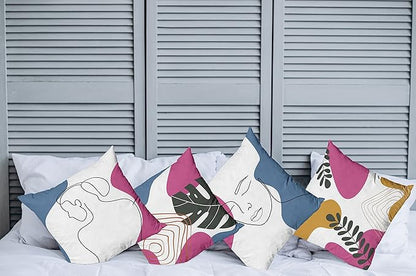Ambesonne Minimal Throw Pillow Cushion Case Pack of 4, Modern Line Art Woman Portrait with Contemporary Leafy Geometric Details, Modern Accent Double-Sided Digital Printing, 20", Slate Blue Pink Amber