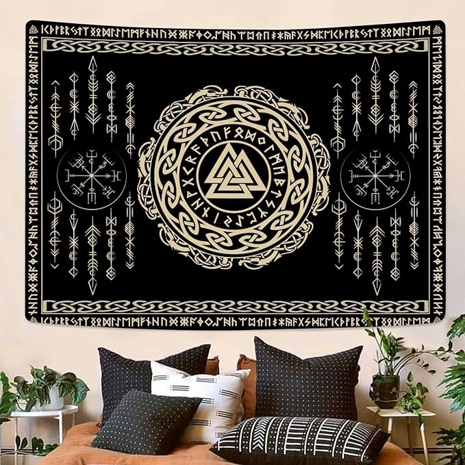 OSUNBD Viking Tapestry Meditation Runes Ancient Art Norse Mythology Flannel Tapestry Vegvisir Symbol Amulet Wall Hanging Art Hanging Decor Large Size 78.7”x59.1” for Bedroom Living Room Dorm