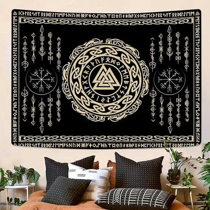 OSUNBD Viking Tapestry Meditation Runes Ancient Art Norse Mythology Flannel Tapestry Vegvisir Symbol Amulet Wall Hanging Art Hanging Decor Large Size 78.7”x59.1” for Bedroom Living Room Dorm