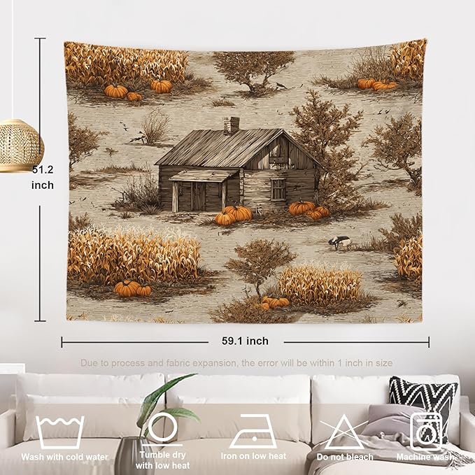 Batmerry Vintage Harvest Tapestry, Cabin In Pumpkin Field Wall Art Hanging Decoration Polyester Fiber White Ruffled Around for Dorm Room Bedroom Living Room, 51.2x59.1 inches