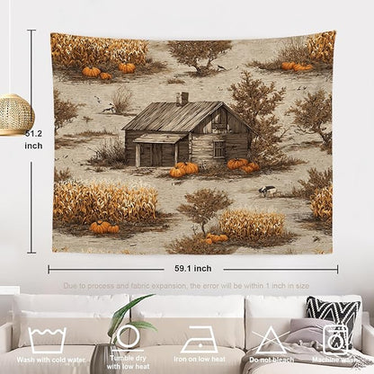 Batmerry Vintage Harvest Tapestry, Cabin In Pumpkin Field Wall Art Hanging Decoration Polyester Fiber White Ruffled Around for Dorm Room Bedroom Living Room, 51.2x59.1 inches