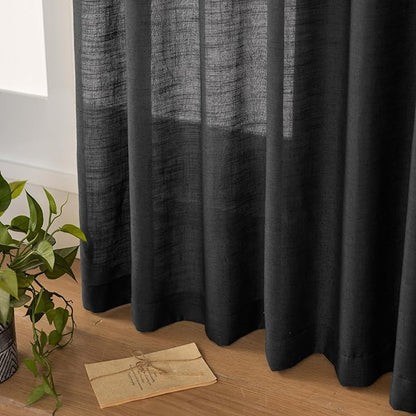 Black Linen Sheer Pinch Pleated Sliding Door Curtains, 2x50 Inches Width, Neutral Light Filtering Drapes 102 Inches Long, Textured Modern Farmhouse Floor to Ceiling Window Curtain Panels
