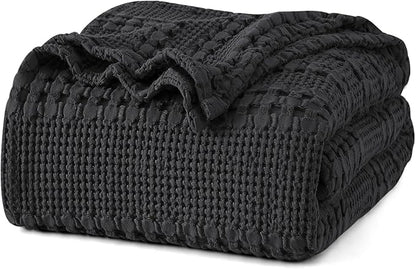 PHF 100% Cotton Waffle Weave Blanket Queen Size for Bed, Soft Lightweight & Breathable, All-Season Comfort, Luxury Aesthetic Woven Bedding for Home Decor, 90"x90", Black